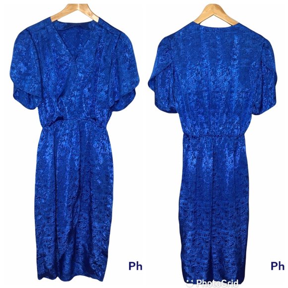 Vintage Dresses & Skirts - Vintage 70s 80s Blue Silky Dress Tulip Sleeves Hem